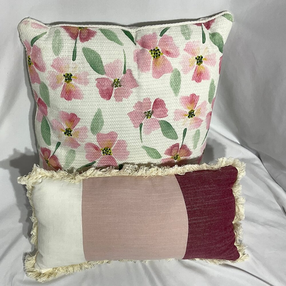 Pair of Pink Toned Decorative Pillows Floral Striped Thro